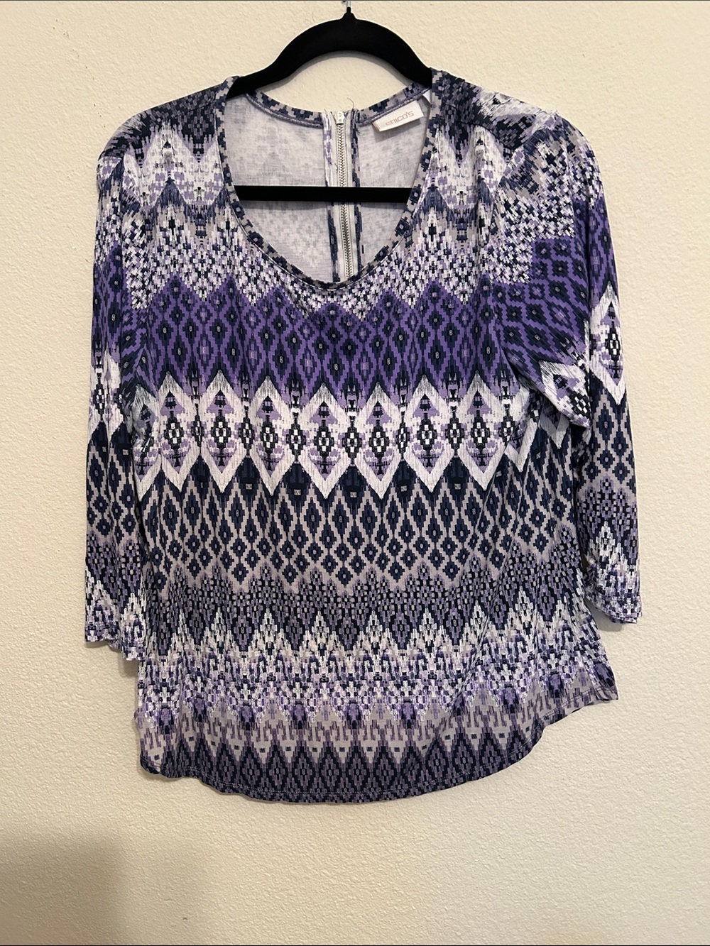 Chico's Purple Navy White Geometric V-Neck Long Sleeve Top